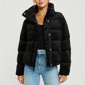 Abercrombie & Fitch Black Velvet Puffer Mini Black Coat Zipper Snap Buttons